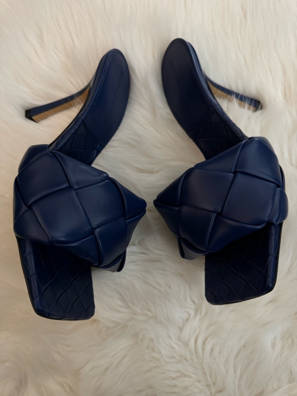 🆕 Bottega Veneta Navy Blue Woven Intrecciato Lido Slide Heeled Sandals - 38C - Picture 6 of 14